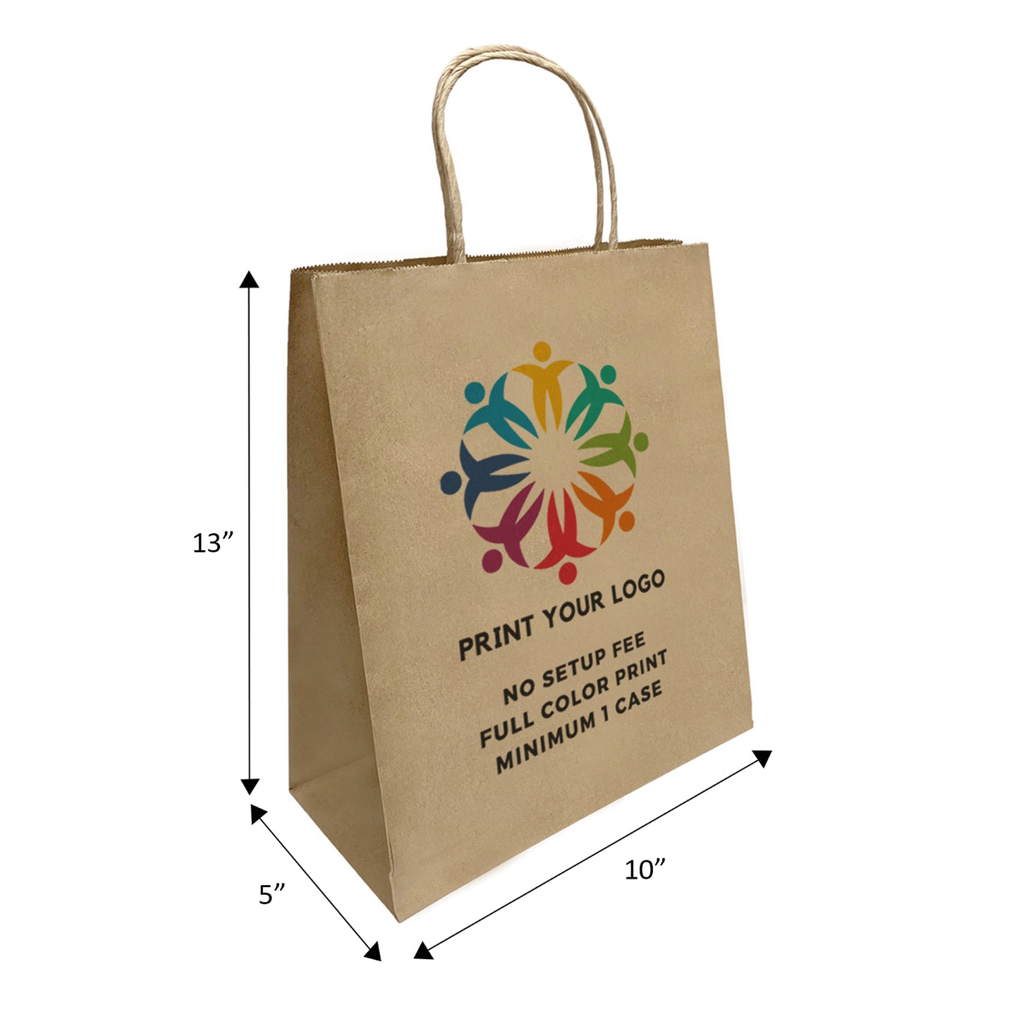 250pcs, Debbie 10x5x13 inches Kraft Paper Bags Twist Handles, Full Color Print, Printed in North America