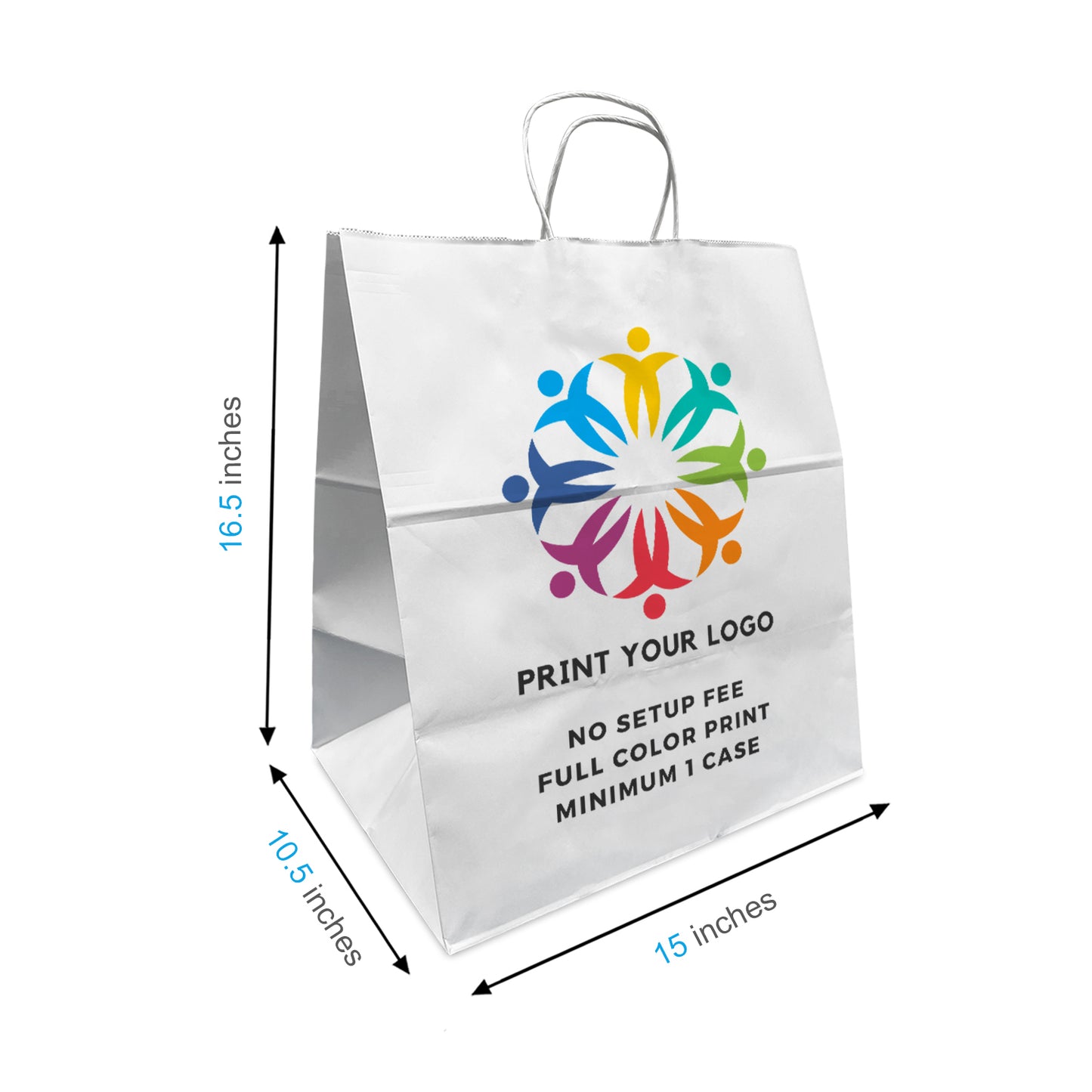 200pcs Dumbo 15x10.5x16.5 inches White Paper Bags Twisted Handles, Full Color Print, Printed in North America