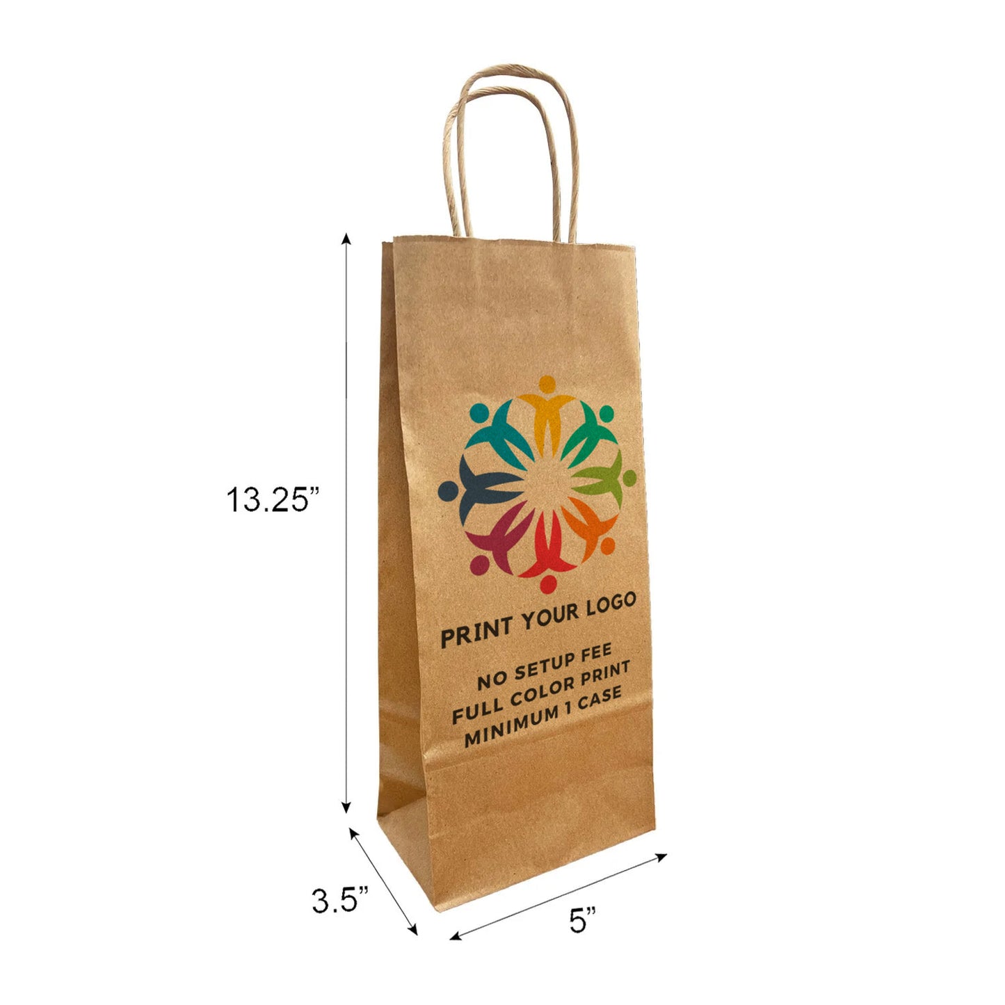 250pcs, Wine 5x3.5x13.25 inches Kraft Paper Bags Twist Handles; Full Color Custom Print, Printed in Canada