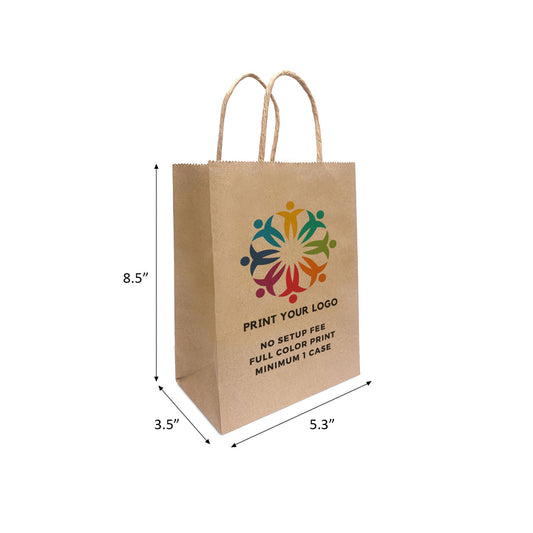 250pcs Gem 5.3x3.5x8.5 inches Kraft Paper Bags Twist Handles; Full Color Custom Print, Printed in Canada