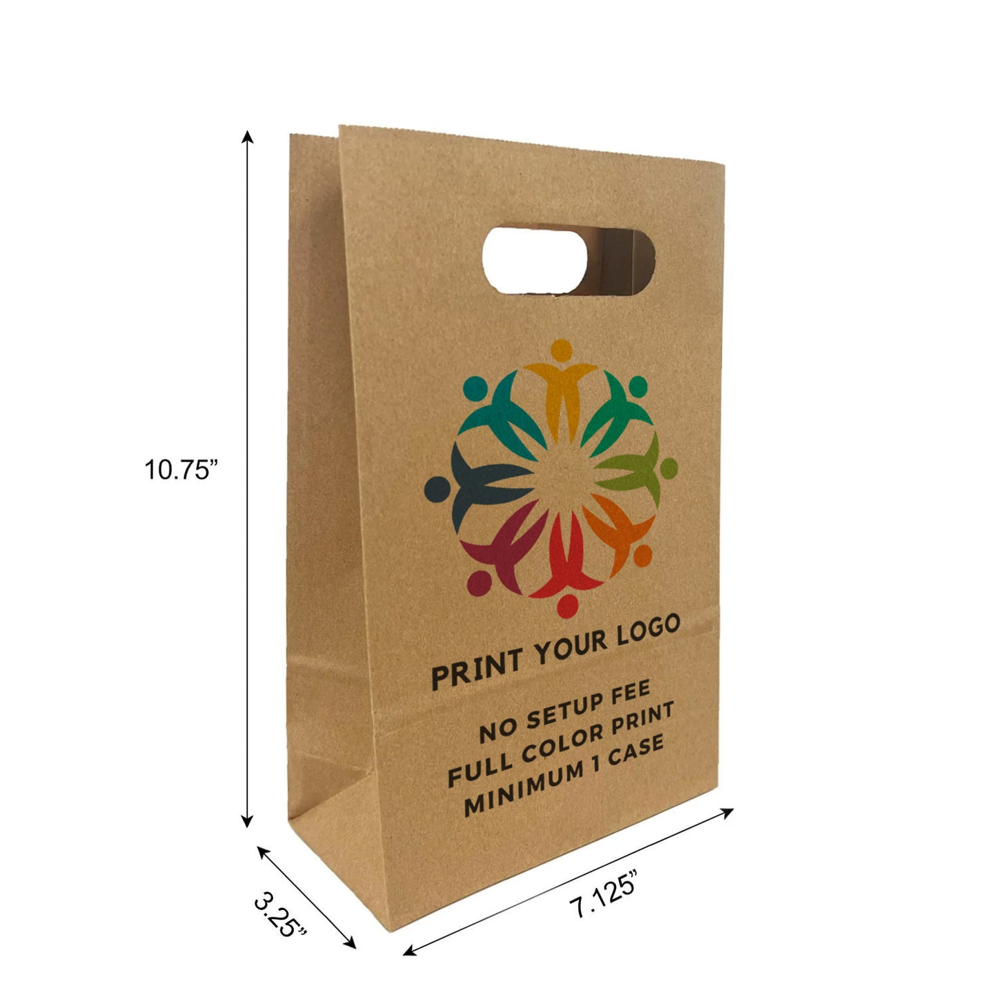 250pcs Snack 7.125x3.25x10.75 inches Kraft Paper Bags Die Cut Handles; Full Color Custom Print, Printed in Canda
