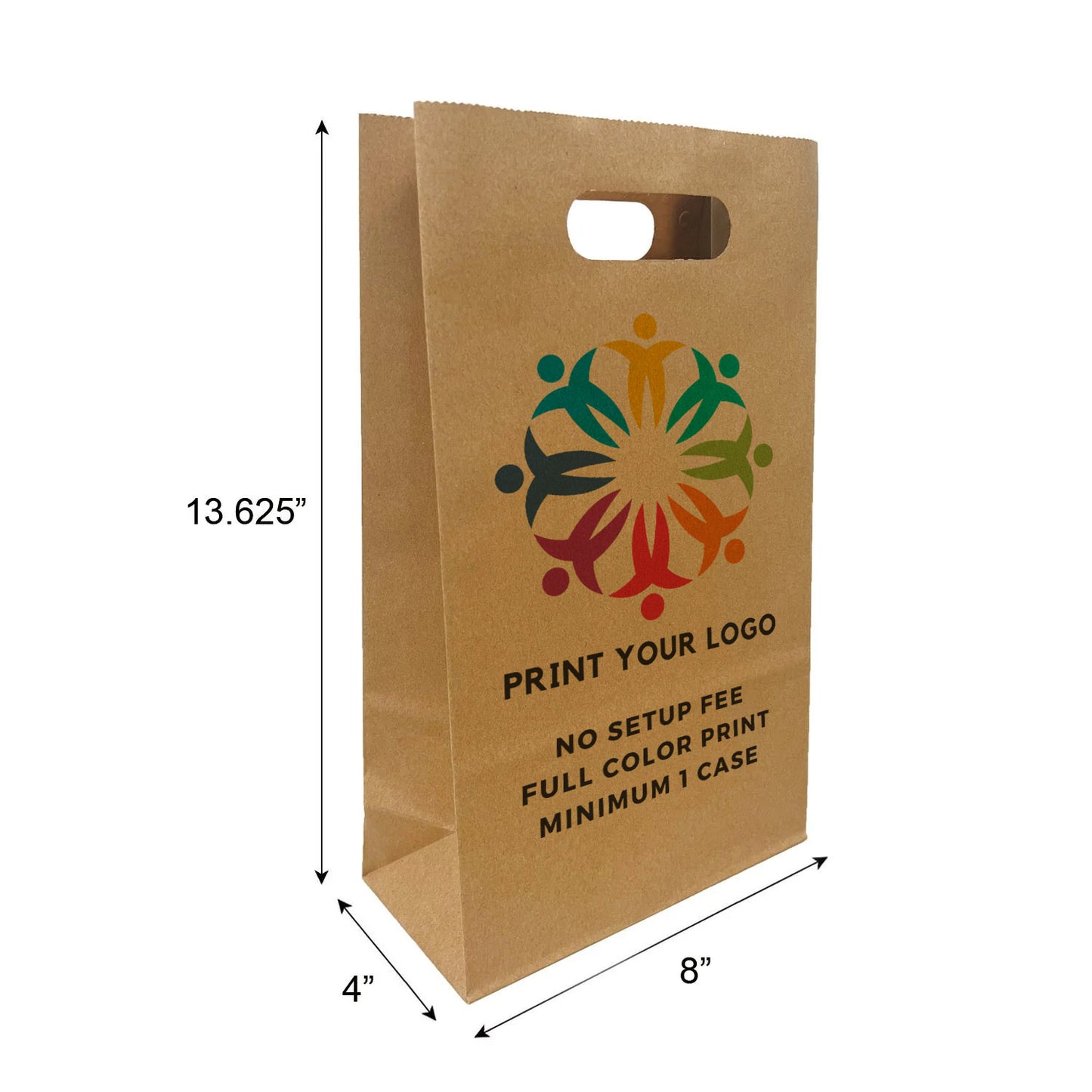 250 Pcs Pub 8x4x13.625 inches Kraft Paper Bags Die Cut Handles; Full Color Custom Print, Printed in Canda