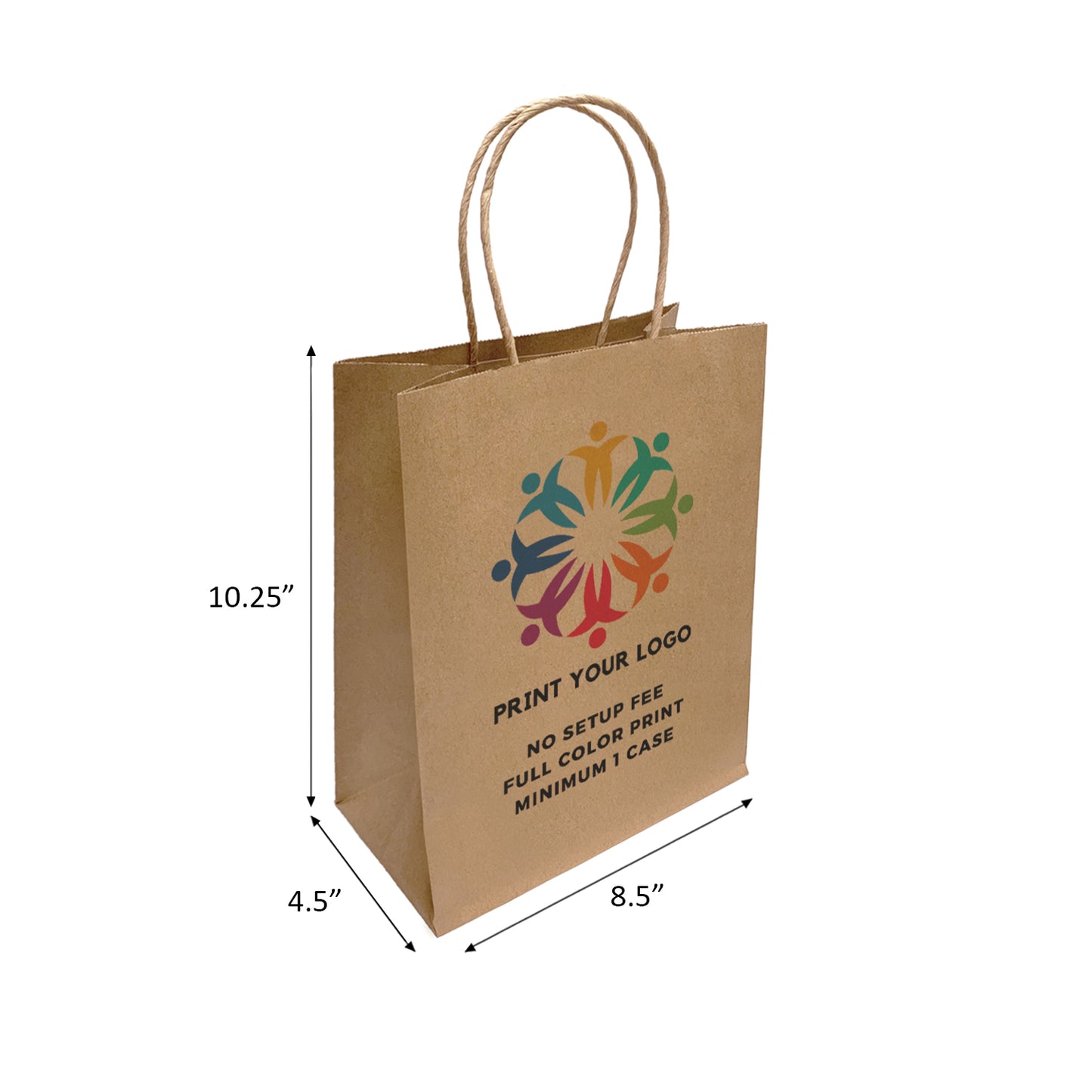 250pcs Cub 8.5x4.5x10.25 Kraft Paper Bags Twisted Handles; Full Color Custom Print, Printed in Canada