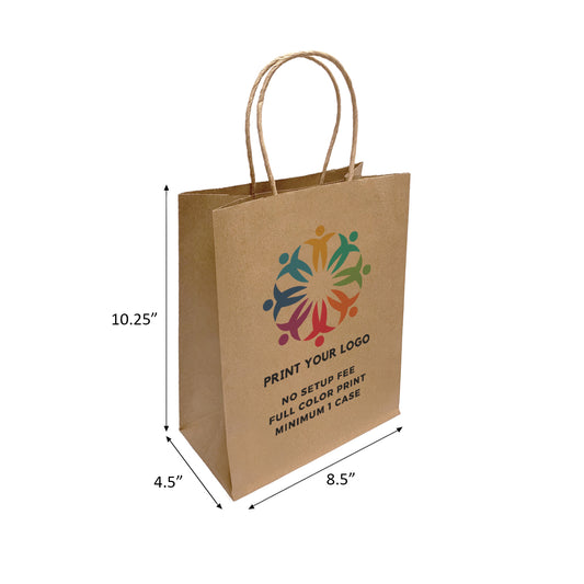 250pcs Cub 8.5x4.5x10.25 Kraft Paper Bags Twisted Handles; Full Color Custom Print, Printed in Canada