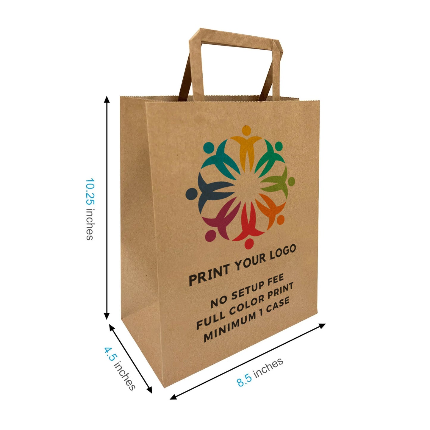 300pcs Cub 8.5x4.5x10.25 inches Kraft Paper Bags Flat Handles; Full Color Custom Print, Printed in Canada