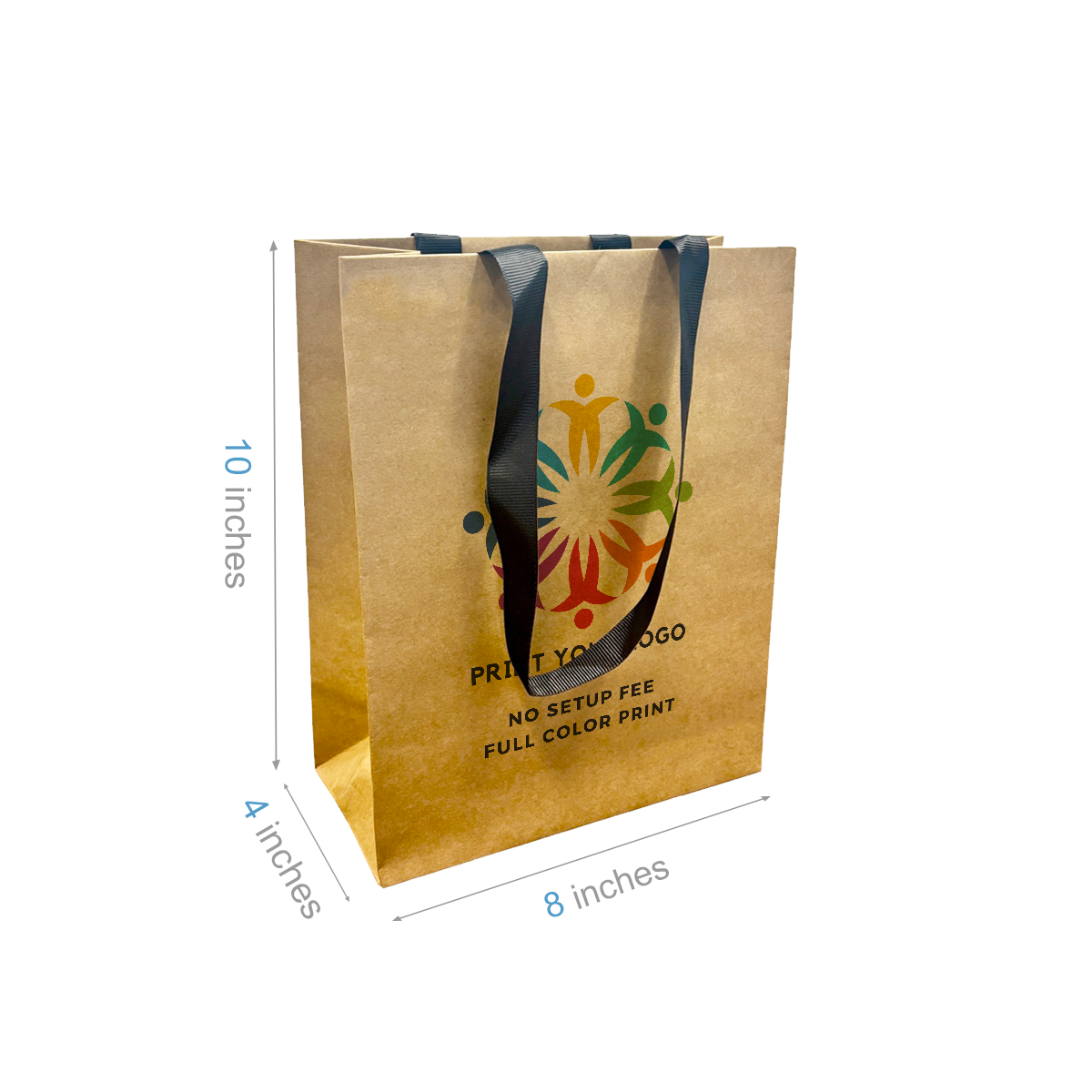 Cub 8x4x10 inches Kraft Contour Luxe Paper Gift Bag, Double-sides Smooth Finish, Black Ribbon Handles Full Color Custom Print, Printed in Canada