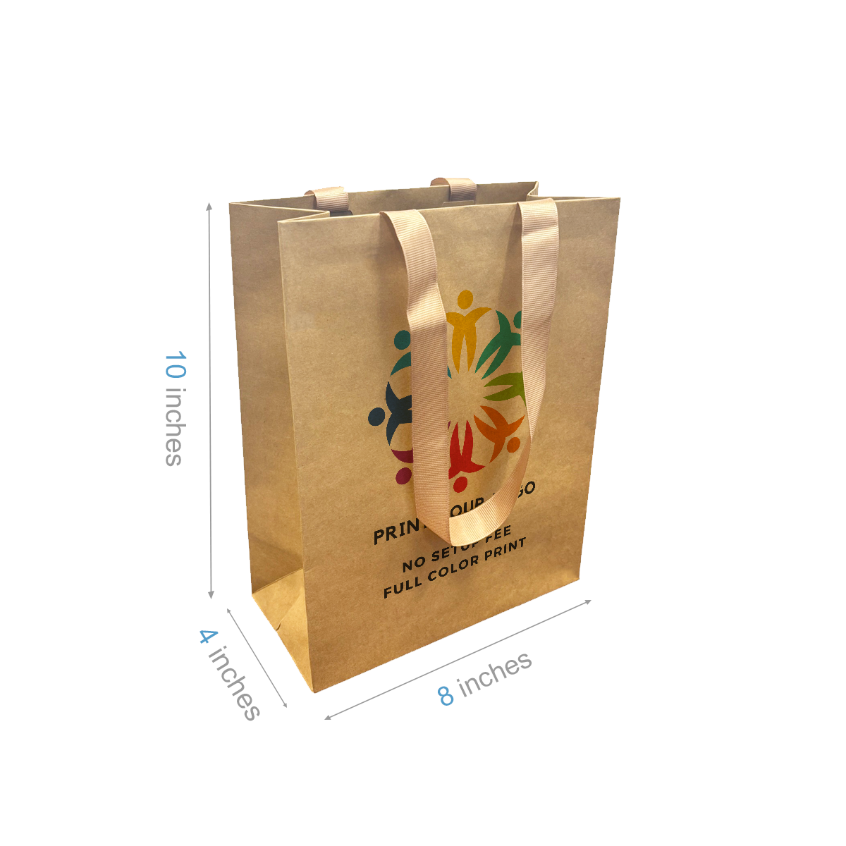 Cub 8x4x10 inches Kraft Contour Luxe Paper Gift Bag, Double-sides Smooth Finish, Brown Ribbon Handles; Full Color Custom Print, Printed in Canada