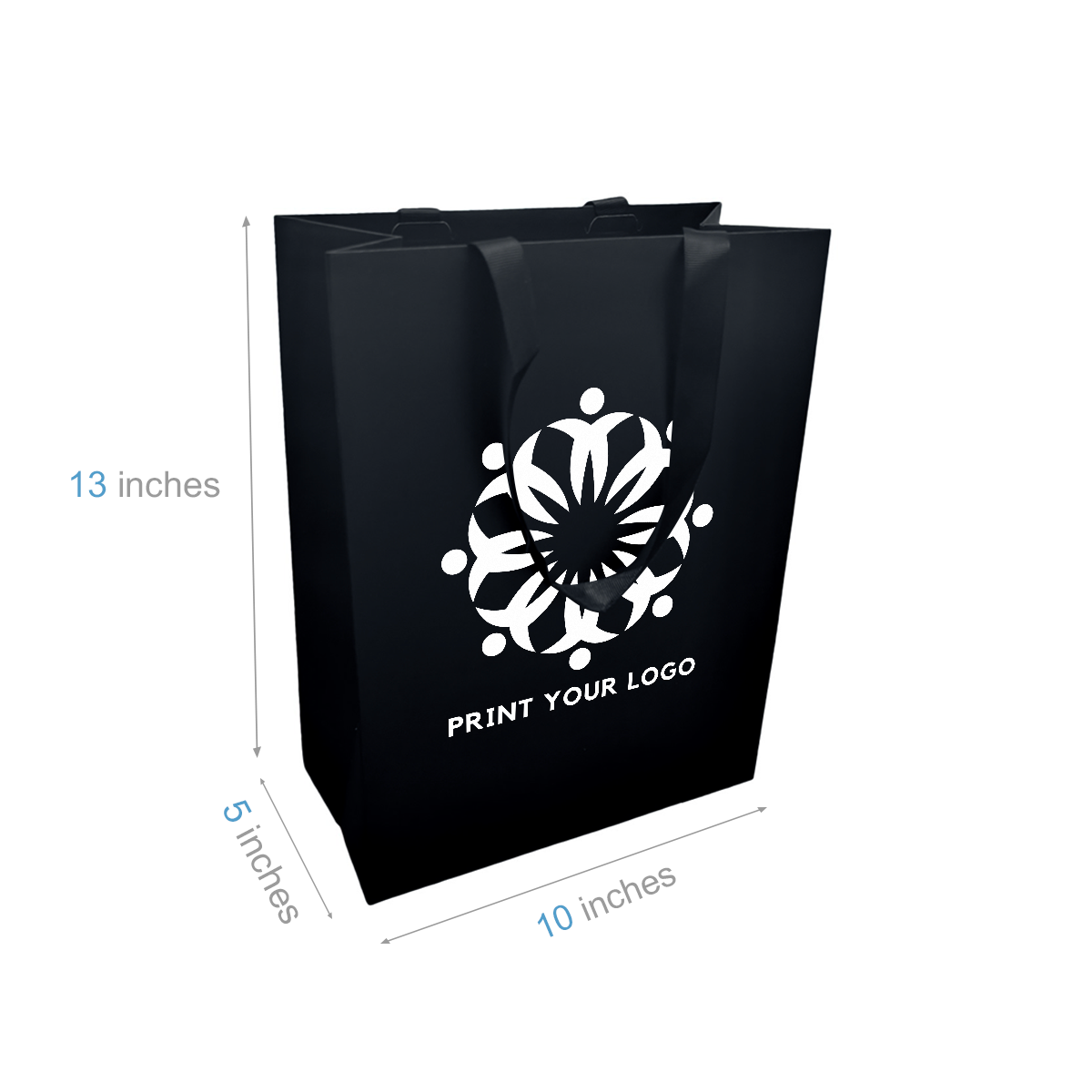 Debbie 10x5x13 inches Black Laminated Contour Luxe Paper Gift Bag, Double-sides Smooth Finish, Black Ribbon Handles; One Color Custom Print, Printed in Canada