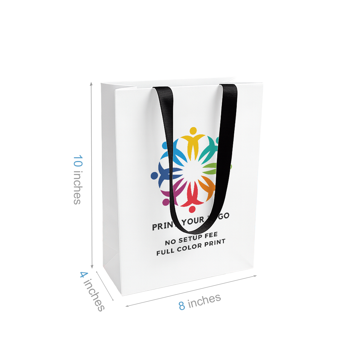 Cub 8x4x10 inches White Contour Luxe Paper Gift Bag, Double-sides Smooth Finish, Black Ribbon Handles; Full Color Custom Print, Printed in Canada