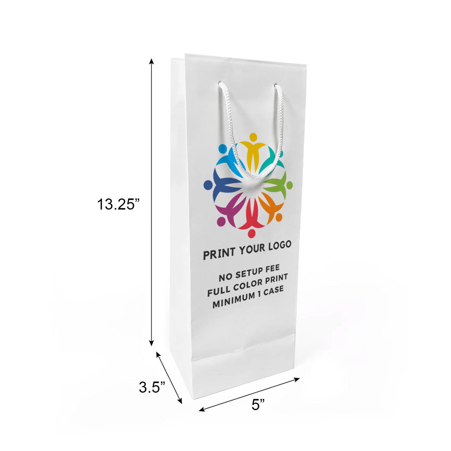 150pcs, Euro Tote Wine 5x3.5x13.25 inches White Paper Bags Rope Handles; Full Color Custom Print, Printed in Canada