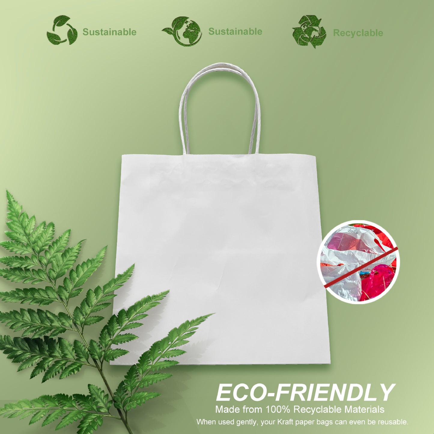 250 Pcs, Cube, 10.5x10.5x10.5 inches, White Paper Bags, with Twisted Handle