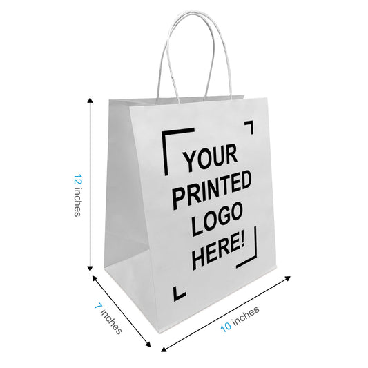 250 Pcs, Bistro, 10x7x12 inches, White Paper Bags, with Twisted Handle, Full Color Custom Print