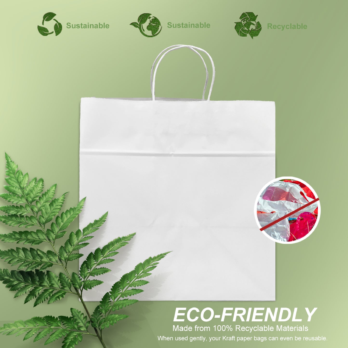 250 Pcs, Cube, 13x10x13 inches, White Paper Bags, with Twisted Handle