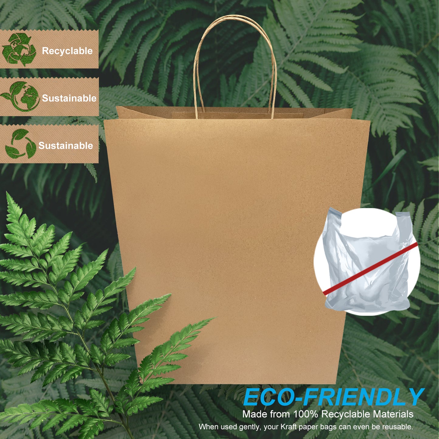 250 Pcs, Mart, 13x7x17 inches, Kraft Paper Bags, with Twisted Handle