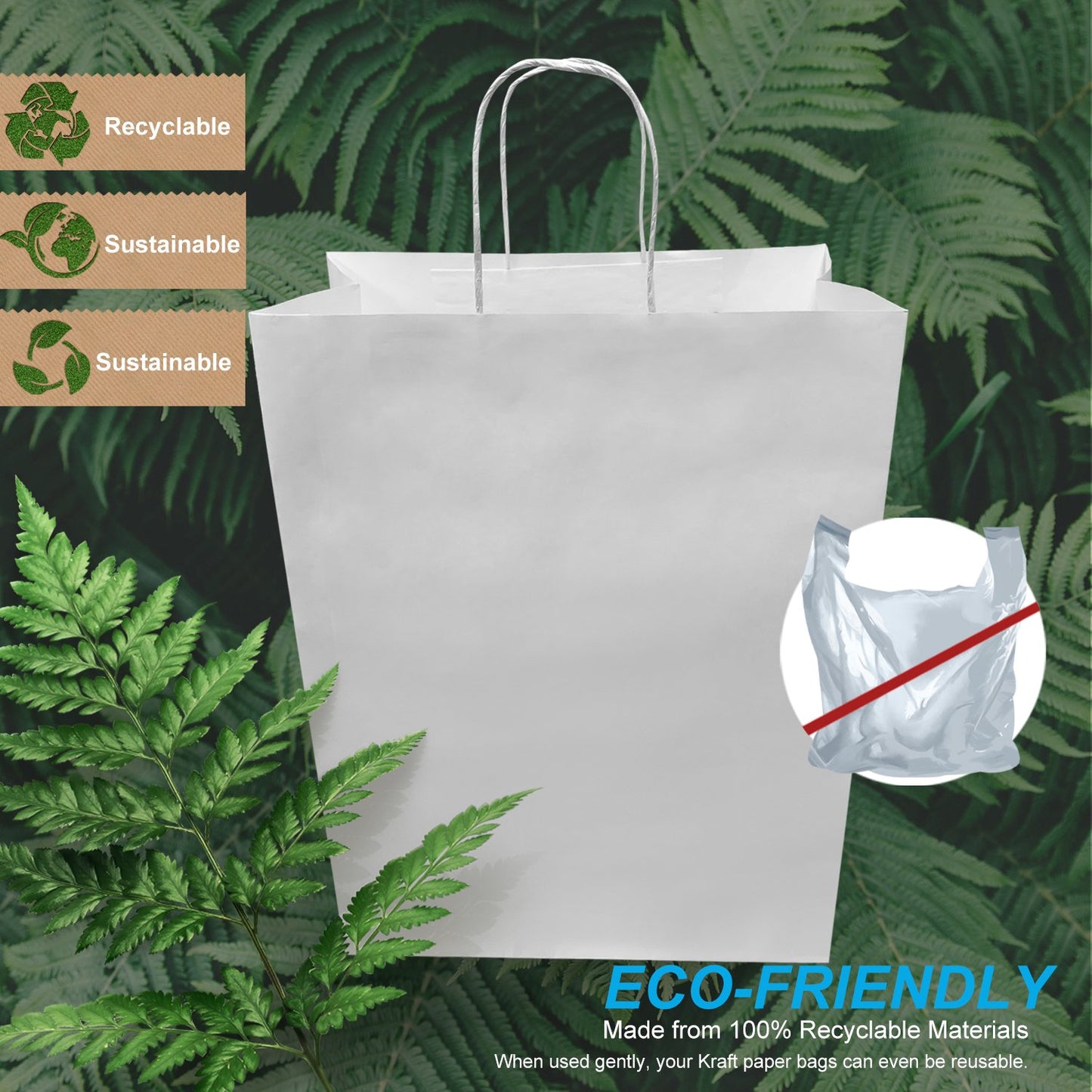 250 Pcs, Mart, 13x7x17 inches, White Paper Bags, with Twisted Handle