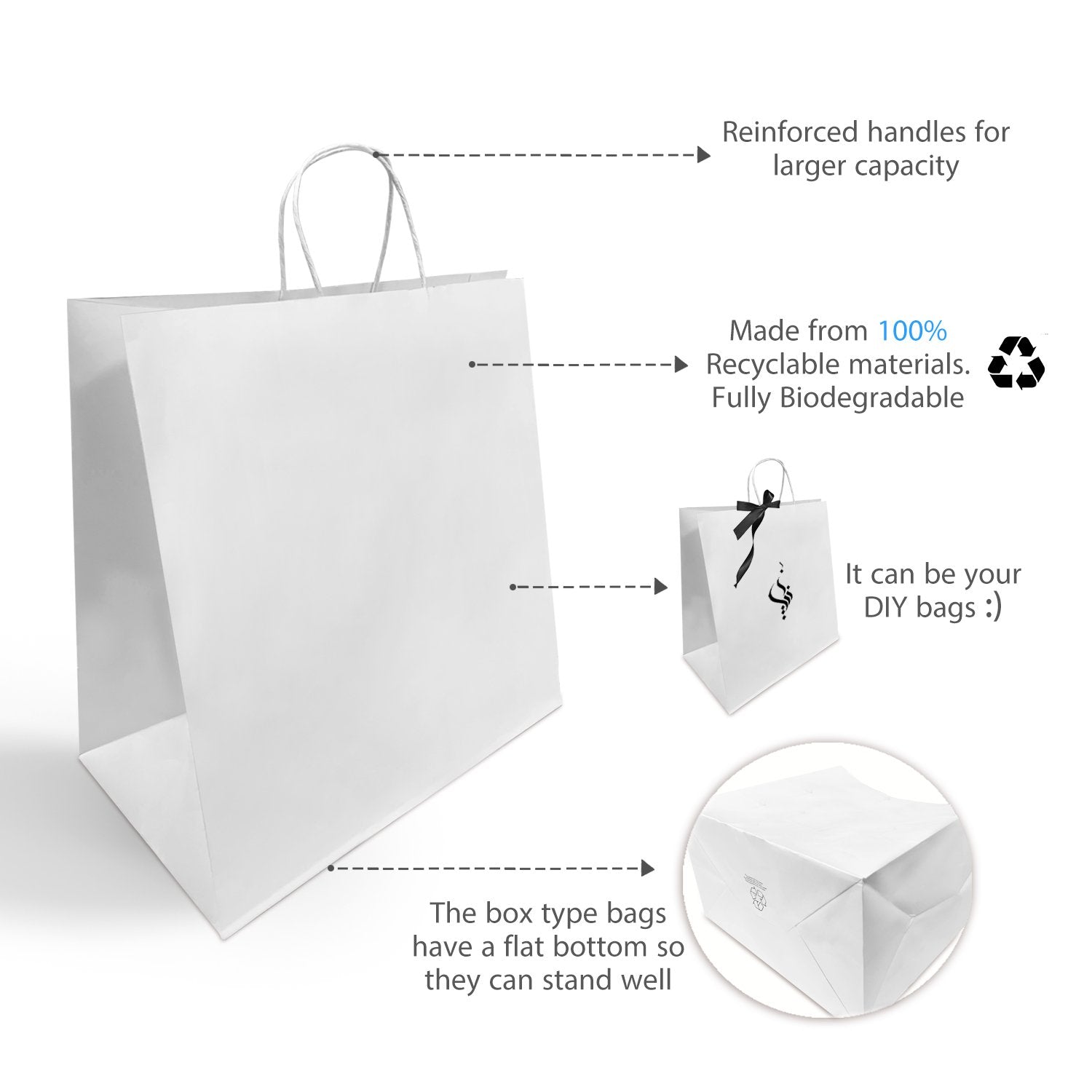 200 Pcs, Tiger,  14x8x14 inches, White Kraft Paper Bags, with Twisted handle