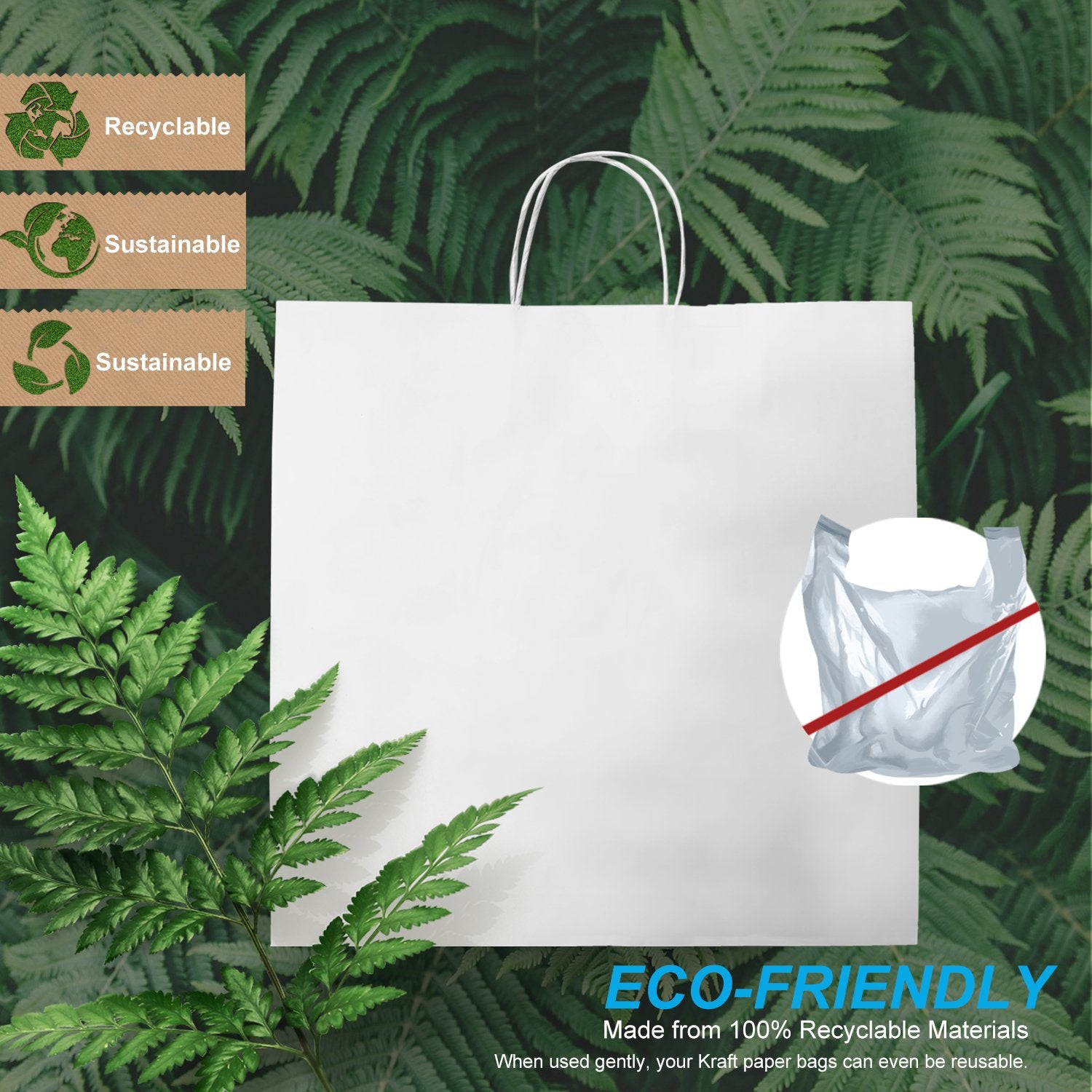 200 Pcs, Tiger,  14x8x14 inches, White Kraft Paper Bags, with Twisted handle