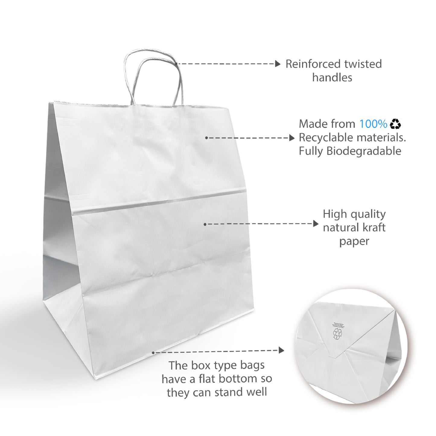 200 Pcs, Dumbo,  15x10.5x16.5 inches, White Paper Bags, with Twisted Handle