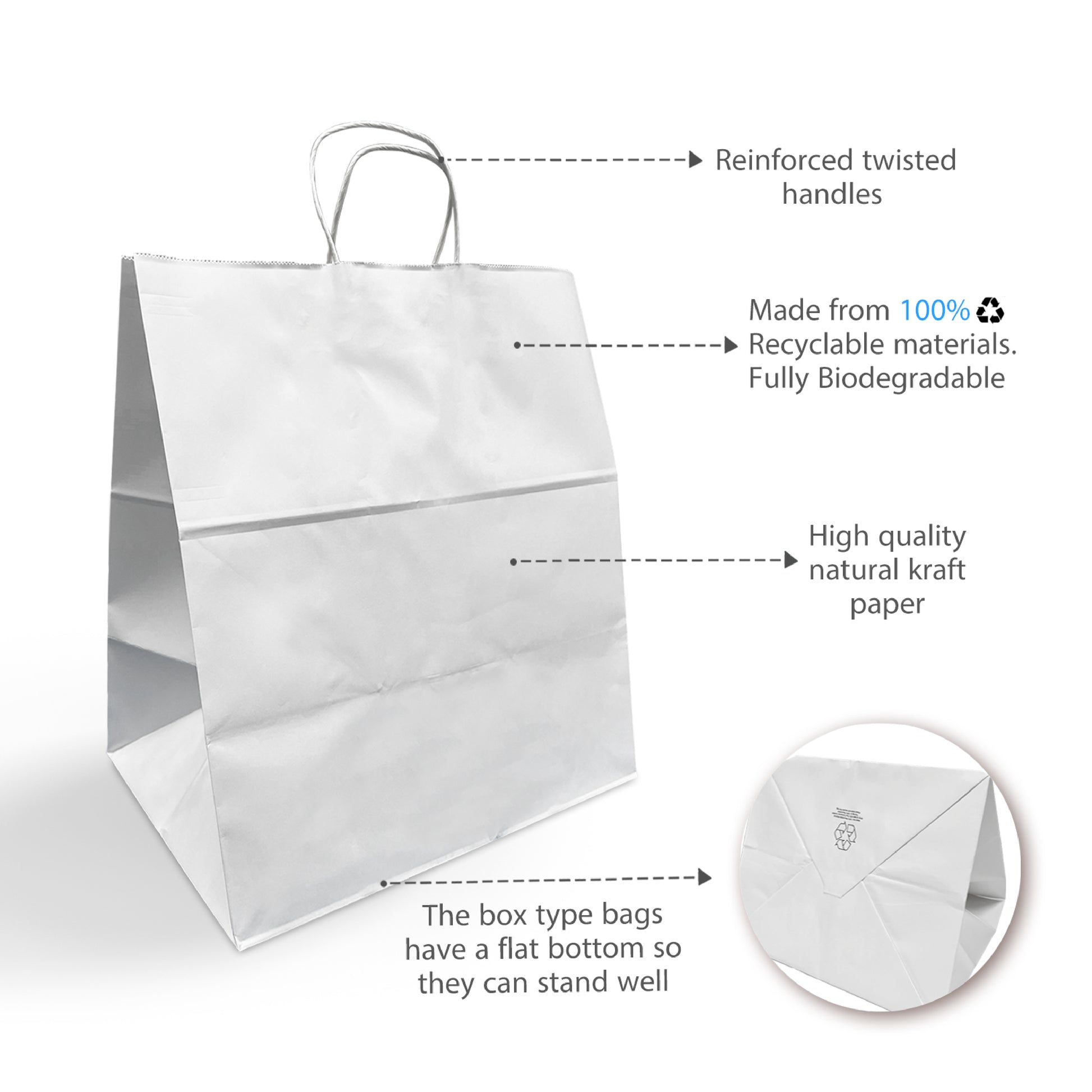 200 Pcs, Dumbo,  15x10.5x16.5 inches, White Paper Bags, with Twisted Handle