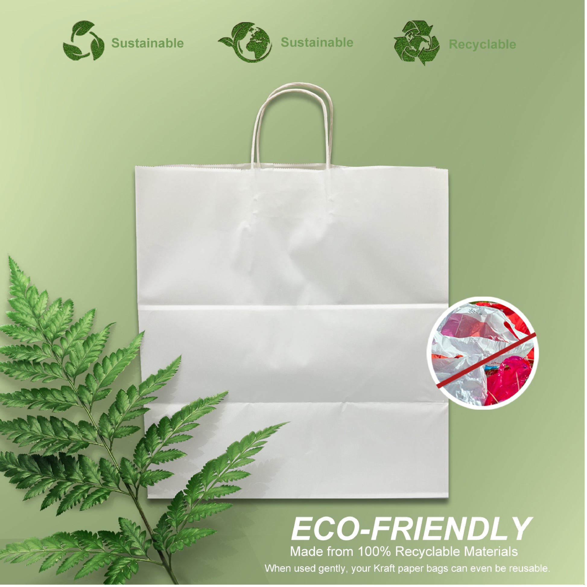 200 Pcs, Dumbo,  15x10.5x16.5 inches, White Paper Bags, with Twisted Handle