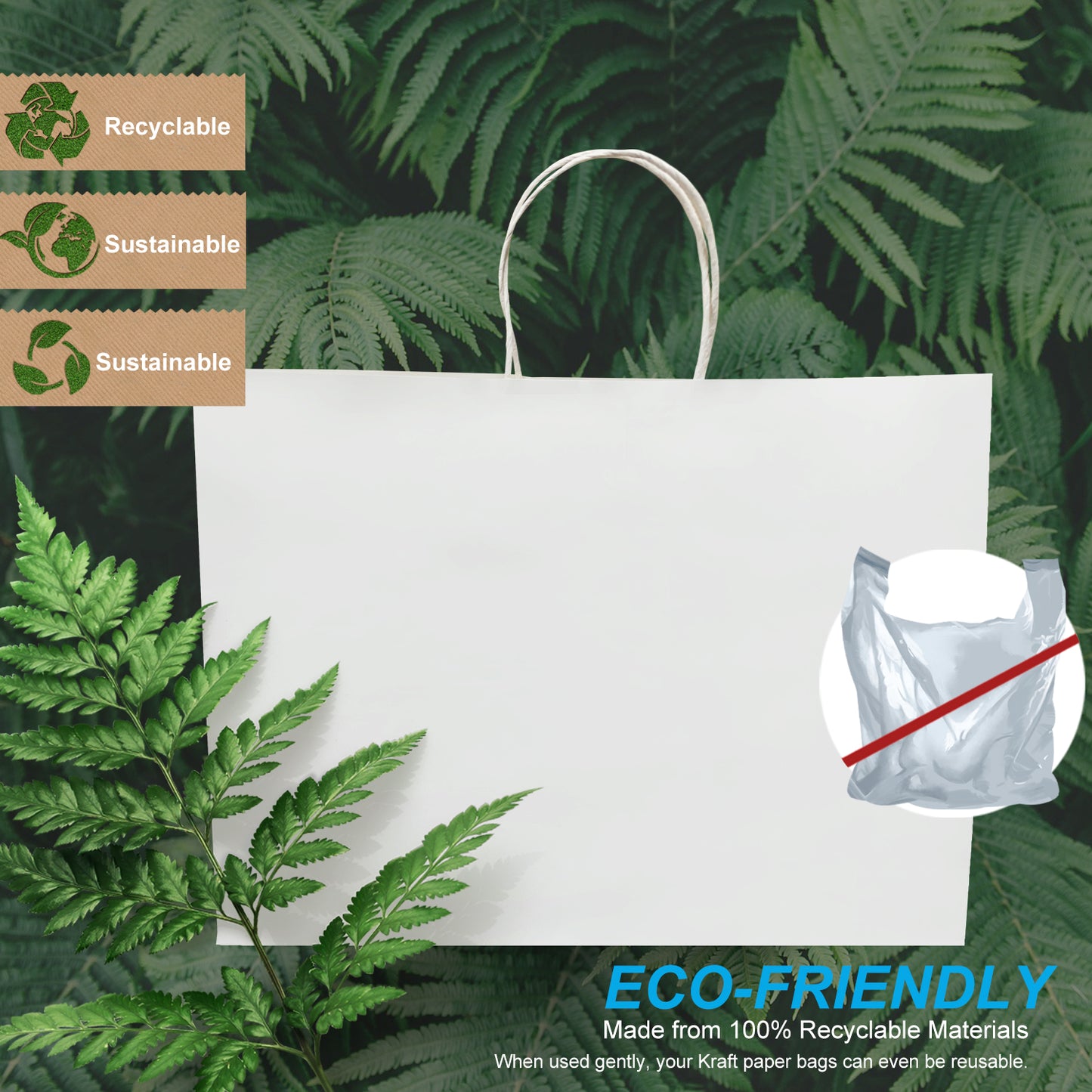 250 Pcs, Vogue, 16x6x12 inches, White Kraft Paper Bags, with Twisted handle