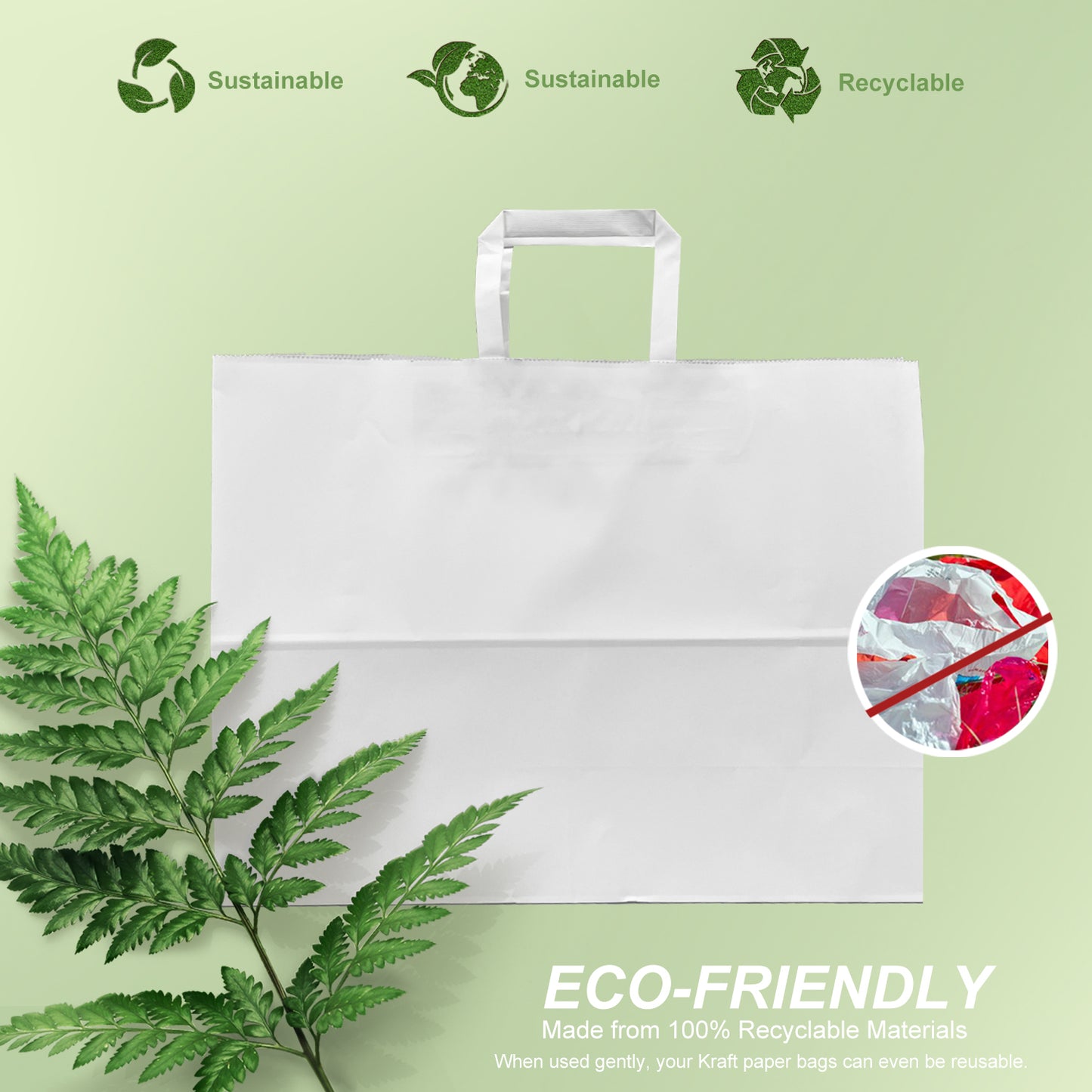 300 Pcs, Vogue, 16x6x12 inches, White Kraft Paper Bags, with Flat handle