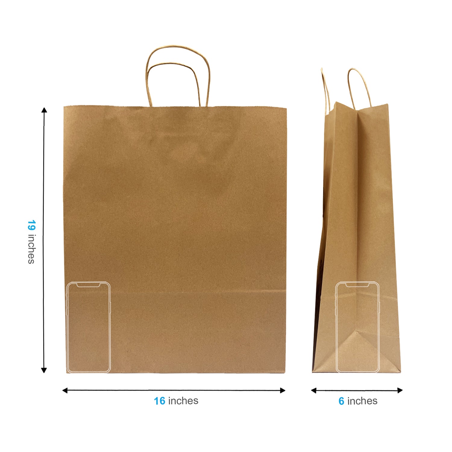 200 Pcs, Queen,  16x6x19.25 inches, Kraft Paper Bags, with Twisted Handle