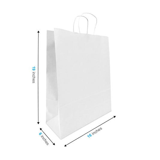 200 Pcs, Queen,  16x6x19.25 inches, White Paper Bags, with Twisted Handle