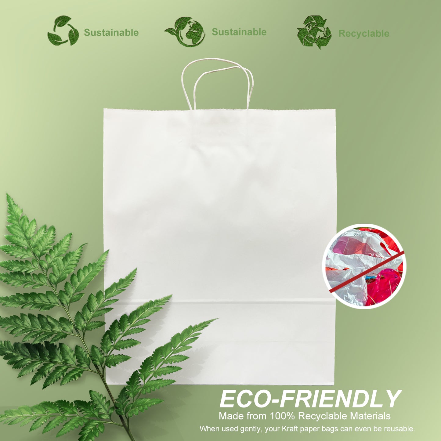 200 Pcs, Queen, 16x6x19.25 inches, White Paper Bags, with Twisted Handle