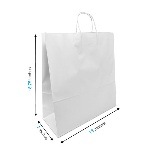 200 Pcs, Jumbo,  18x7x18.75 inches, White Paper Bags, with Twisted Handle