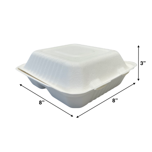 KIS-S8833 | 8x8x3 inches, 3-Compartment, Sugarcane Clamshell Food Container; $0.254/pc