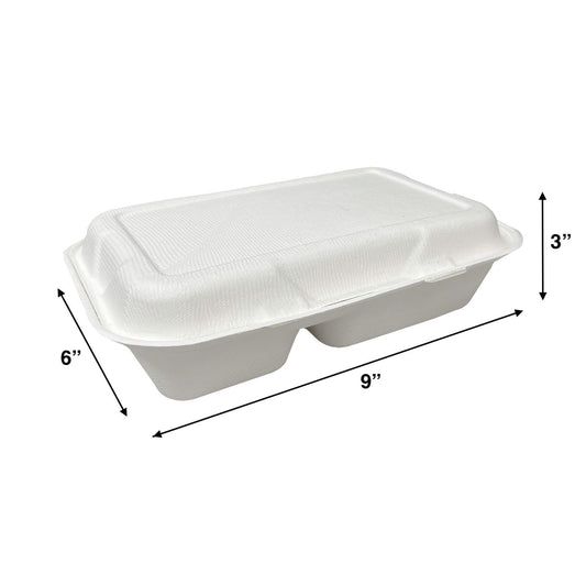KIS-S9632 | 9x6x3 inches, 2-Compartment, Sugarcane Clamshell Food Container; $0.211/pc