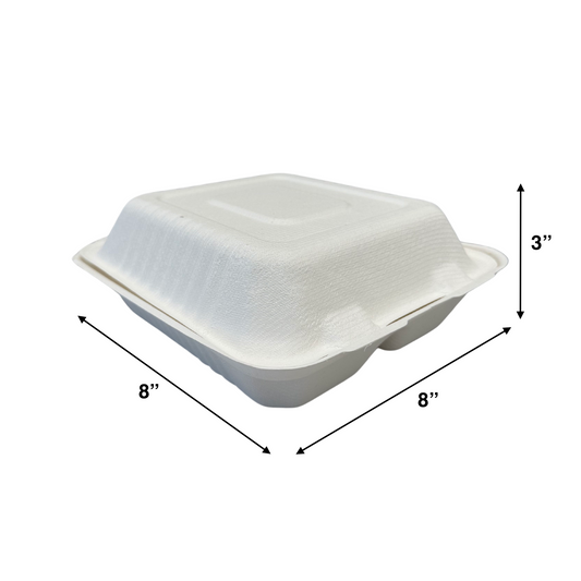 KIS-S8832 | 8x8x3 inches, 2-Compartment, Sugarcane Clamshell Food Container; $0.254/pc