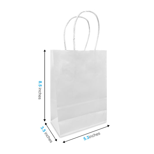 250 Pcs, Gem,  5.3x3.5x8.5 inches, White Paper Bags, with Flat Handle