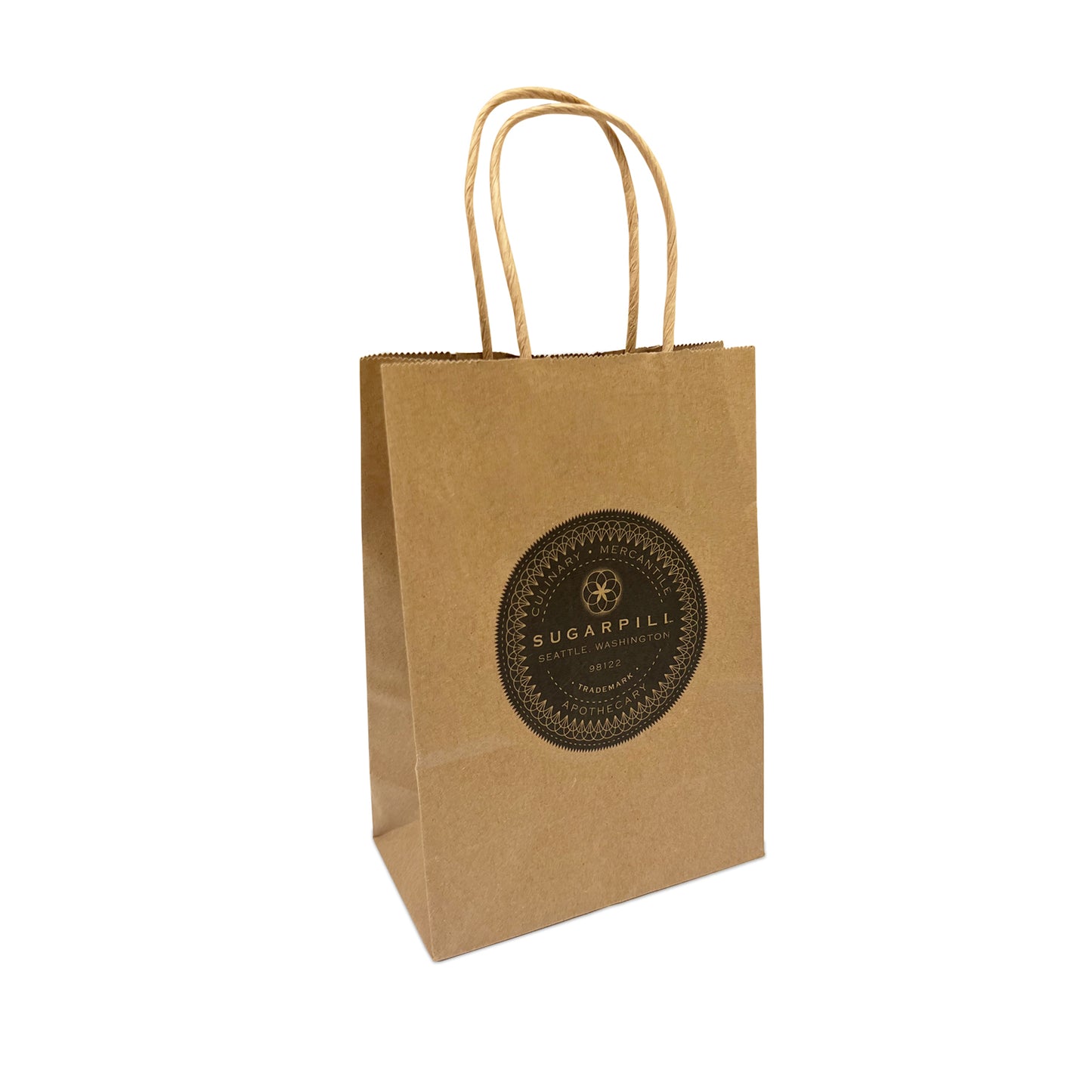 250 Pcs, Gem, 5.3x3.5x8.5 inches, Kraft Paper Bags, with Twisted Handle, Full Color Custom Print