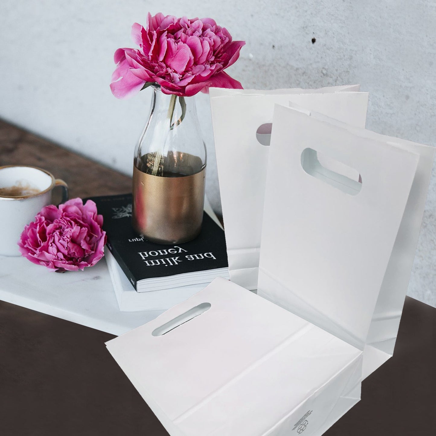 250pcs, Snack, 7 1/8x3 1/4x10 3/4 inches, White Paper Bags, with Die Cut Handles