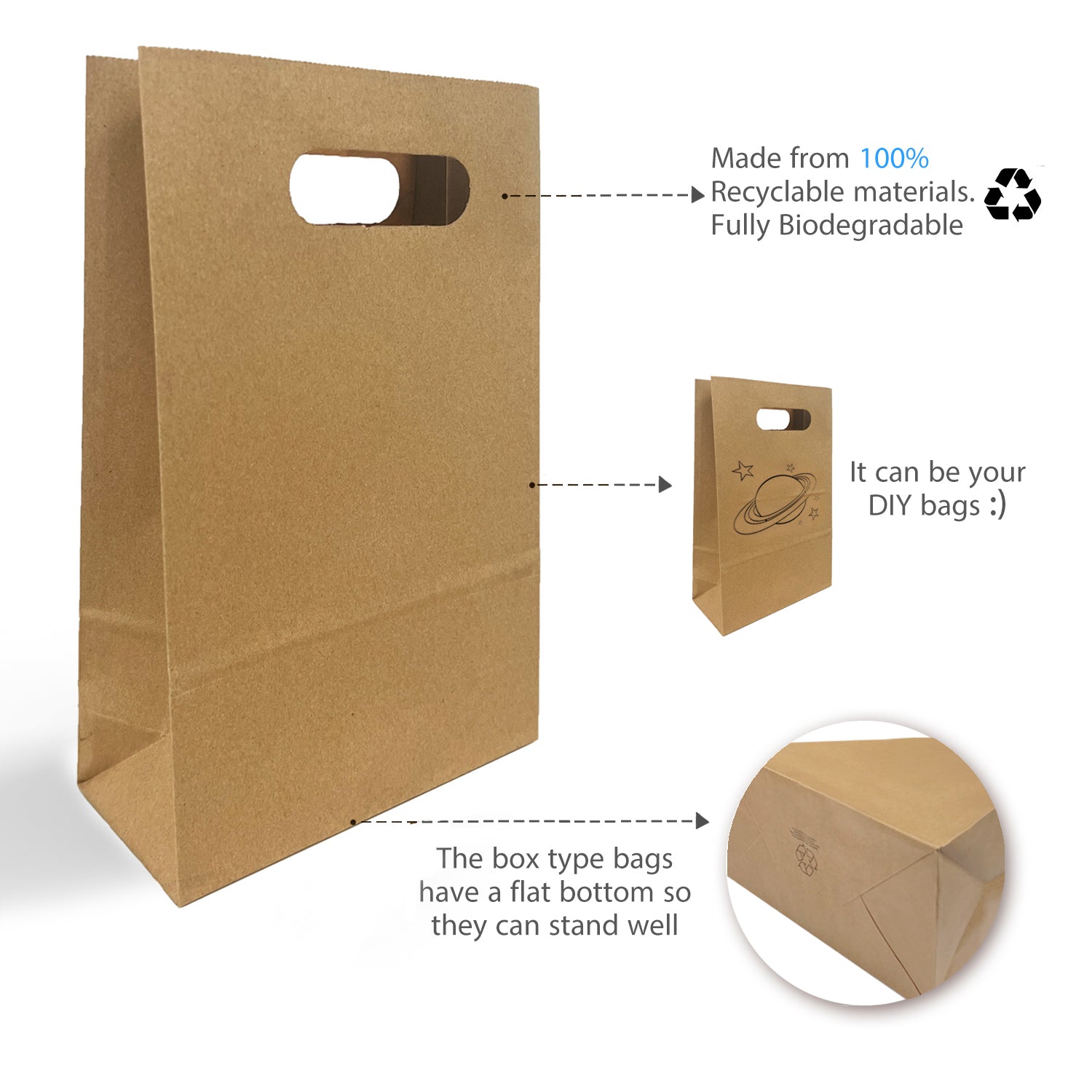 250pcs, Snack, 7 1/8x3 1/4x10 3/4 inches, Kraft Paper Bags, with Die Cut Handles
