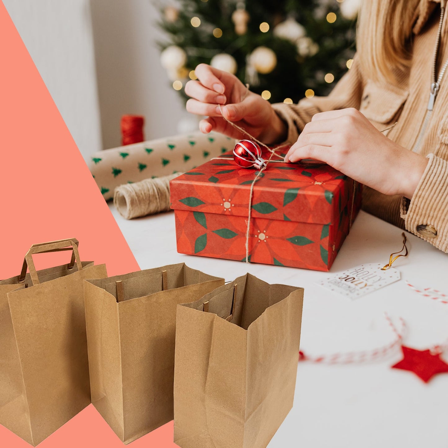 300 Pcs, Cub, 8x4.75x10.25 inches, Kraft Paper Bags, with Flat Handle