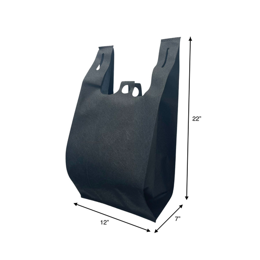 200pcs Non-Woven Reusable T-Shirt Bag 12x7x22 inches Black Shopping Bags Pinch Bottom; $0.52/bag