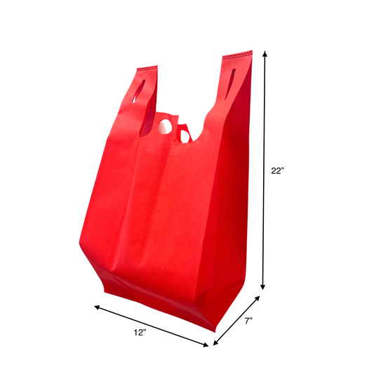 200pcs Non-Woven Reusable T-Shirt Bag 12x7x22 inches Red Shopping Bags Pinch Bottom; $0.52/bag