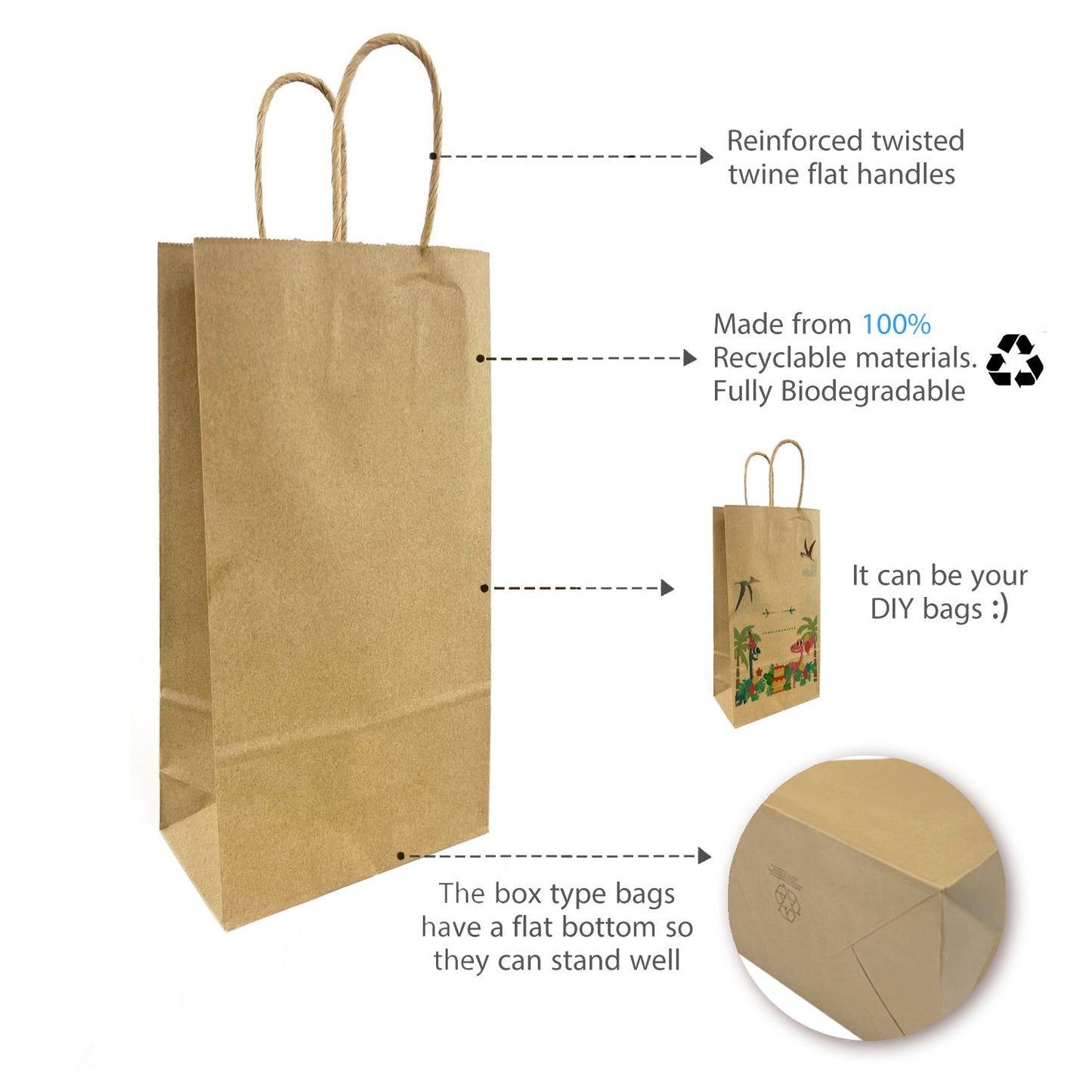 6532B | 250pcs Double Wine 6.5x3.5x12.375 inches Kraft Paper Bags Twisted Handles; U$0.35/pc