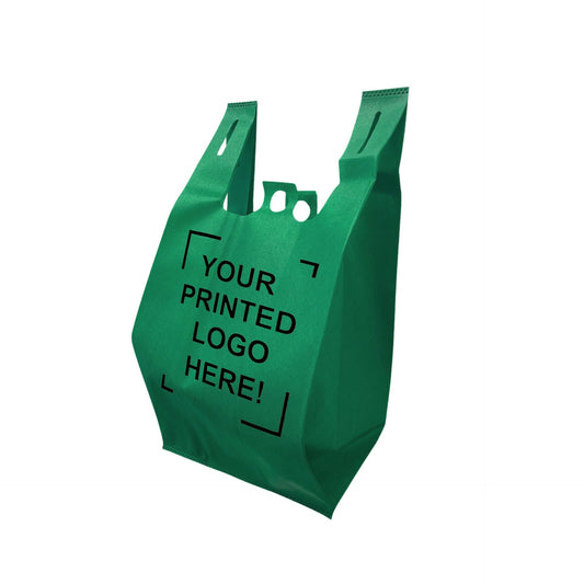 200pcs, Non-Woven Reusable T-Shirt Bag 12x7x22 inches Dark Green Shopping Bags Pinch Bottom, One Color Custom Print, Printed in Canada