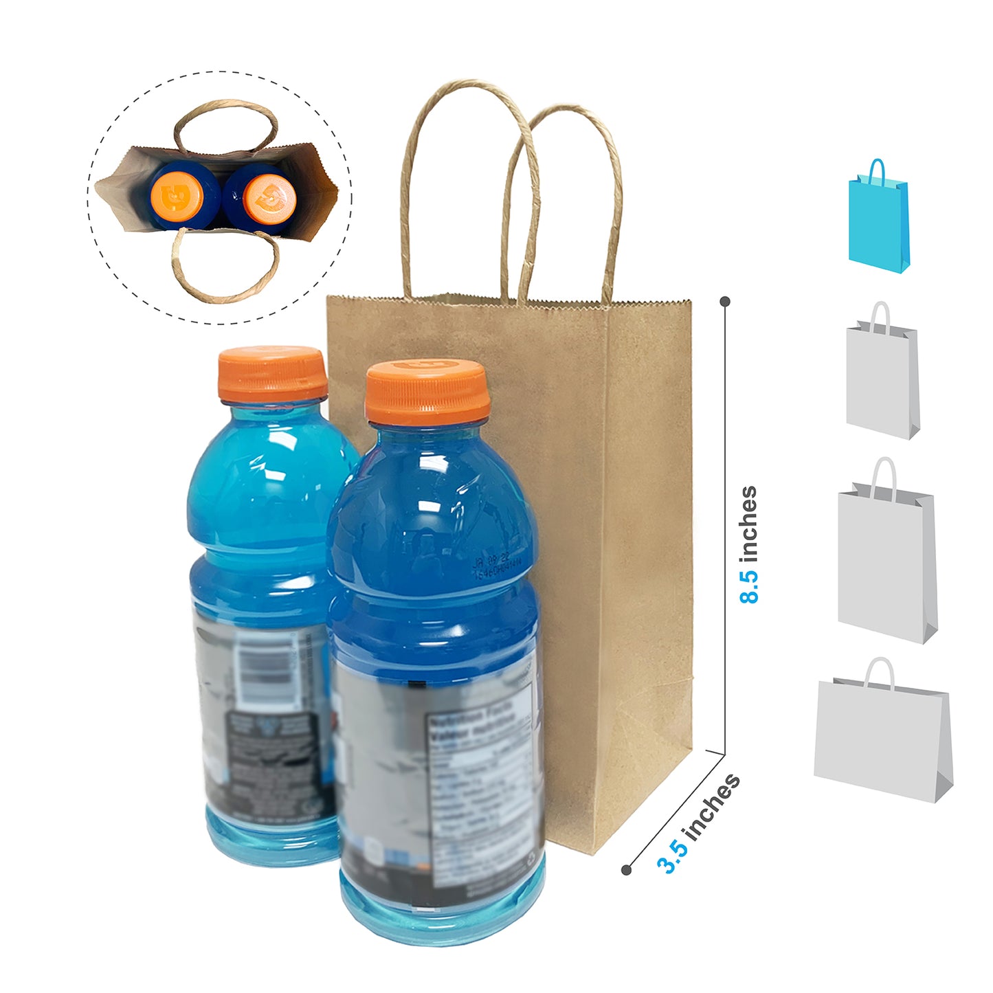 250 Pcs, Gem, 5.3x3.5x8.5 inches, Kraft Paper Bags, with Twisted Handle