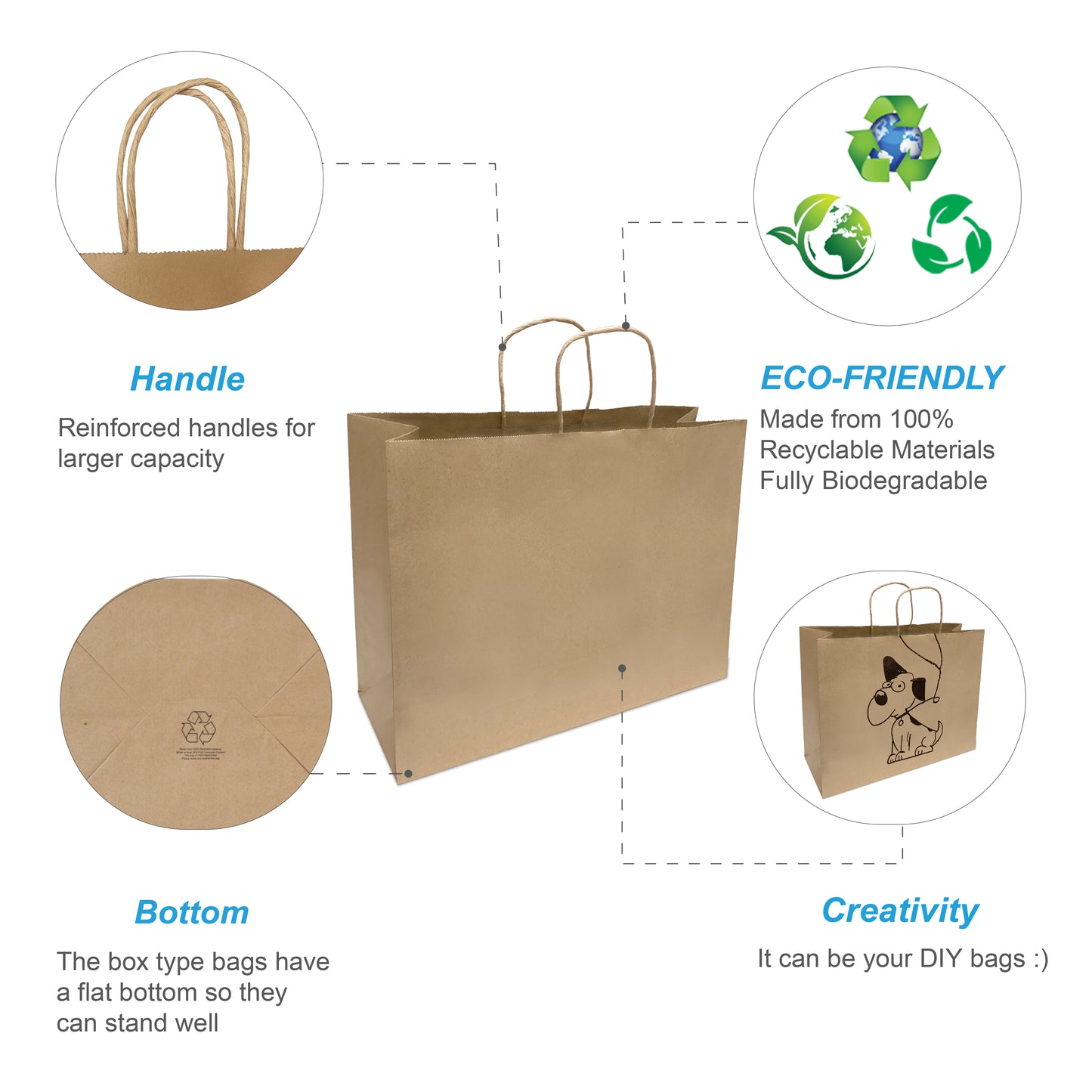 250 Pcs, Vogue, 16x6x12 inches, Kraft Paper Bags, with Twisted handle