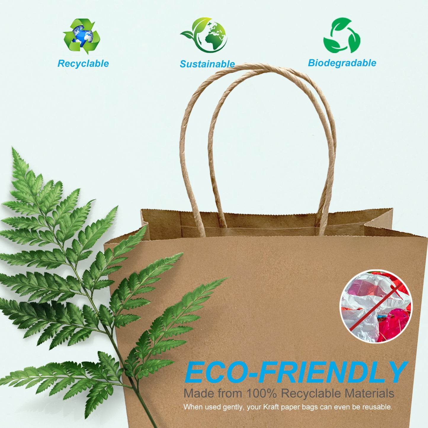 250 Pcs, Cub, 8.5x4.5x10.25 inches, Kraft Paper Bags, with Twisted Handle