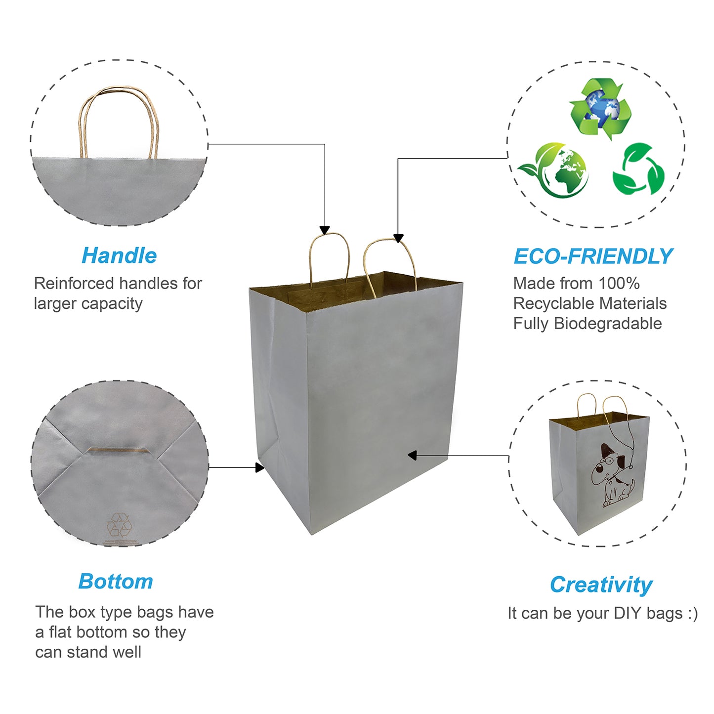 150 Pcs, Super Royal, 14x10x15.75 inches, Grey Kraft Paper Bags, with Twisted Handle