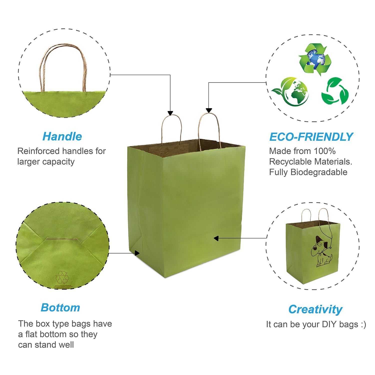 150 Pcs, Super Royal, 14x10x15.75 inches, Lime Kraft Paper Bags, with Twisted Handle