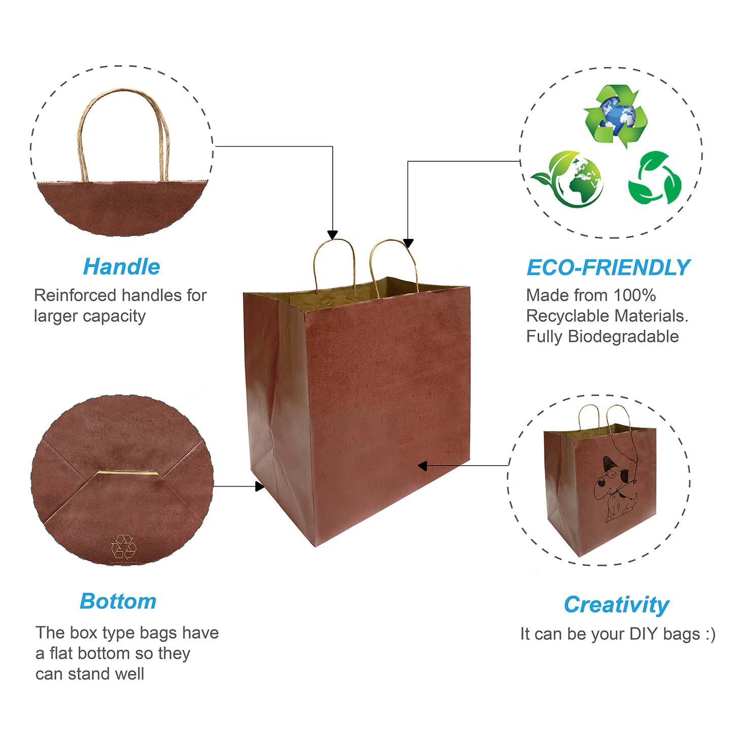 150 Pcs, Super Royal, 14x10x15.75 inches, Chocolate Kraft Paper Bags, with Twisted Handle