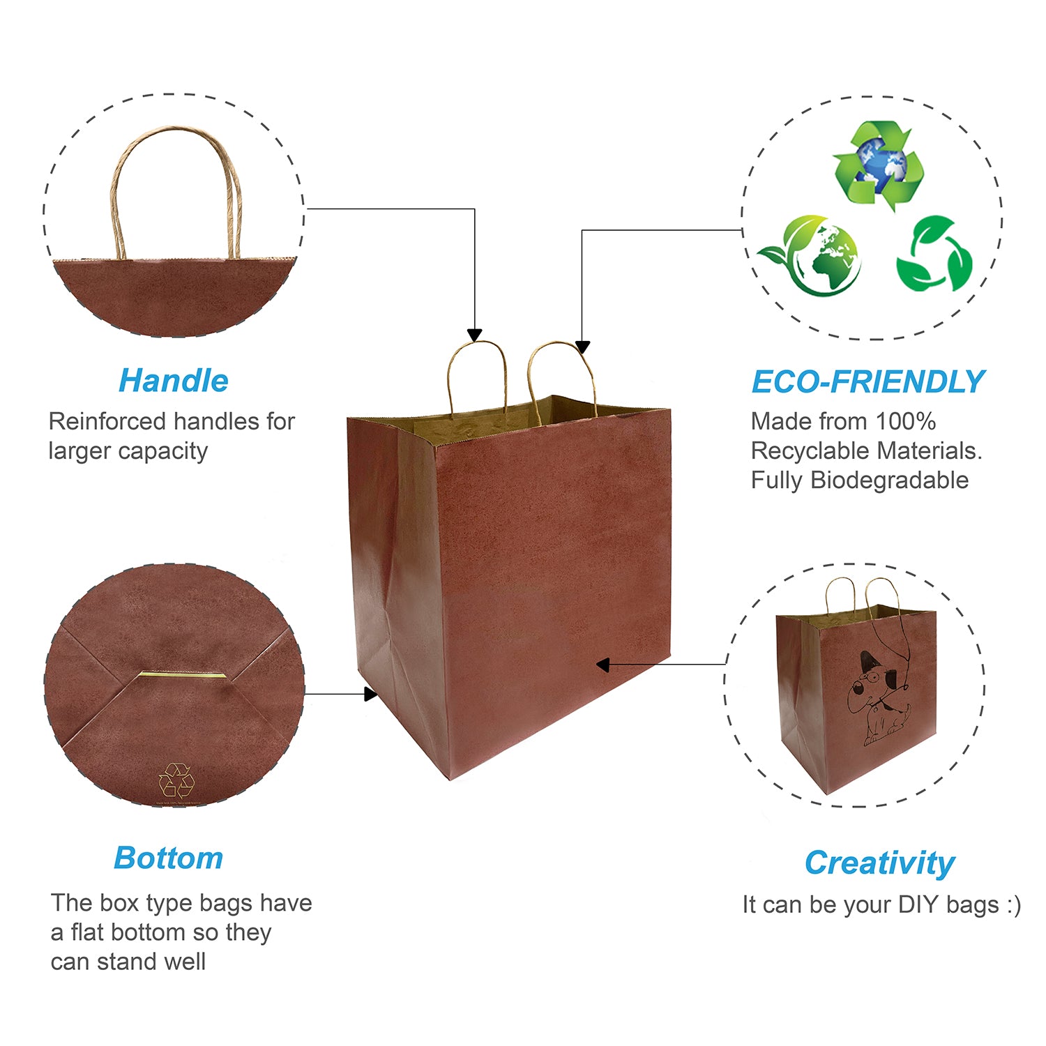 150 Pcs, Super Royal, 14x10x15.75 inches, Chocolate Kraft Paper Bags, with Twisted Handle