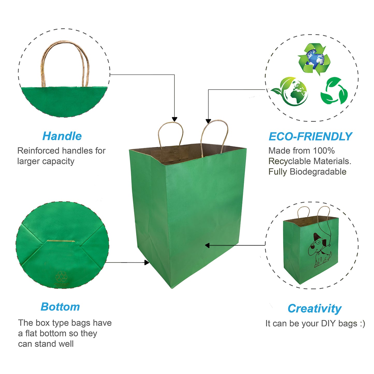 150 Pcs, Super Royal, 14x10x15.75 inches, Green Kraft Paper Bags, with Twisted Handle